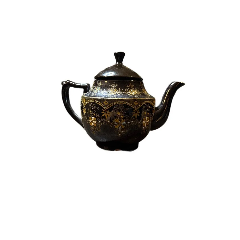 Vintage Moriage Style Teapot Black Gold Floral Made in England Decorative Teawar